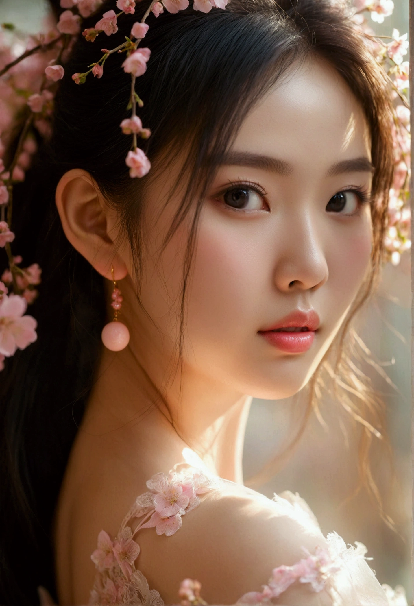 A gentle and beautiful Chinese woman, delicate and sexy collarbone, adorable goose egg face, double eyelids, clever peach blossom eyes, pink lips, small snub nose, bare shoulders, Plump buttocks, Beautiful long legs, concentrated face, face close up, ultra HD, super detail, Full body photo, ultra-thin light transmission optimal ratio four fingers and one thumb, Horse face skirt