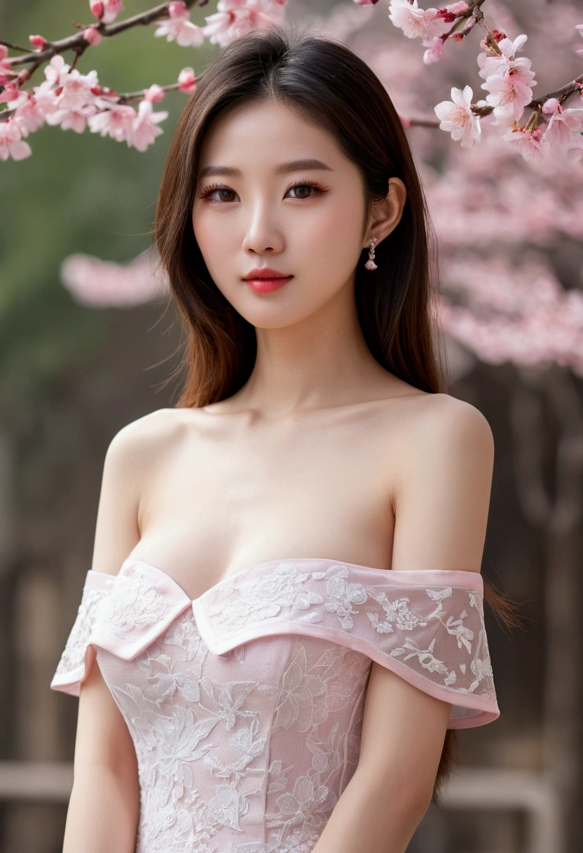 A gentle and beautiful Chinese woman, delicate and sexy collarbone, adorable goose egg face, double eyelids, clever peach blossom eyes, pink lips, small snub nose, bare shoulders, Plump buttocks, Beautiful long legs, concentrated face, face close up, ultra HD, super detail, Full body photo, ultra-thin light transmission optimal ratio four fingers and one thumb, Horse face skirt