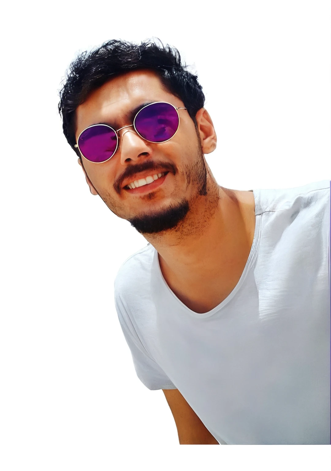 there is a man wearing purple sunglasses and a white shirt, attractive and good looking, very very low quality picture, 8k selfie photograph, portait photo profile picture, with sunglass, in sunny weather, in egypt, with a beautifull smile, cool face, profile portrait, with sunglasses, low quality photograph, ismail, low quality photo, wide - angle portrait