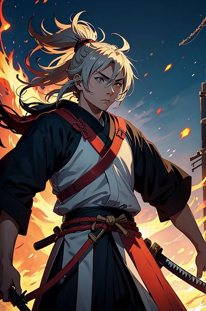 ancient samurai. medieval times. anime styling. fire katana.