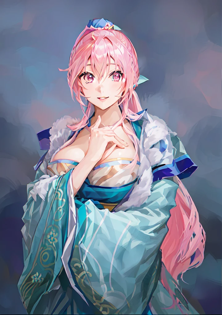 Pink Hair、Anime Girl,Pink eyes, Produced in collaboration with Anime Painter Studio, In the anime painter studio, ,  Sonison，超级Sonison，Celluloid，Three Kingdoms，Chinese style，antiquity，Hanfu，，Huge Breasts，Good shape，Pink ponytail，Pink long hair，Costume，包不住的Huge Breasts，Cute girl，Noble,Pink long hair，Smile，Satomi light diamond，Blazing Horse，Makeup on the lips，Light pink lips，Sexy lips，sonic，honoka，huge ，big boods