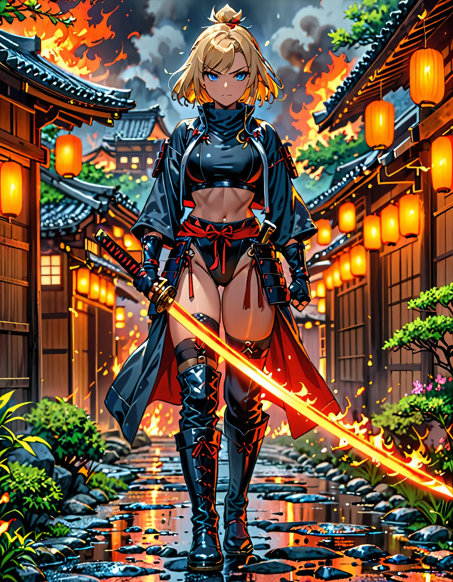 masterpiece, best quality, 1girl, blonde_hair, blue_eyes, boots, breasts, clenched hand, clenched hands, crop top, full body, gloves, knee boots, medium hair, medium breasts, midriff, navel, bob hair, solo, standing, thighhighs, turtleneck, black leotard, ninja, (holding a samurai sword, katana, glowing sword), burning japanese village backdrop, danger atmosphere, grim, stance, full body with costume