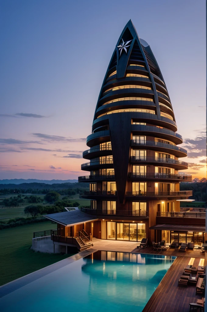 Resort with Zaha Hadid style hotel tower with wood and metal texture, hotel with infinity pool, a twilight with farm sunset in high quality, cattle farm, 8k UHD
