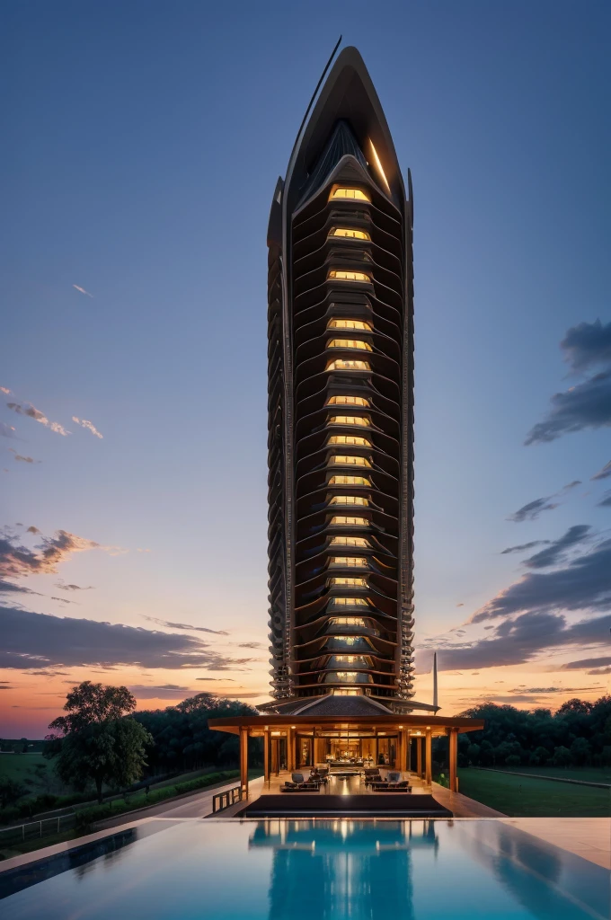 Resort with Zaha Hadid style hotel tower with wood and metal texture, hotel with infinity pool, a twilight with farm sunset in high quality, cattle farm, 8k UHD