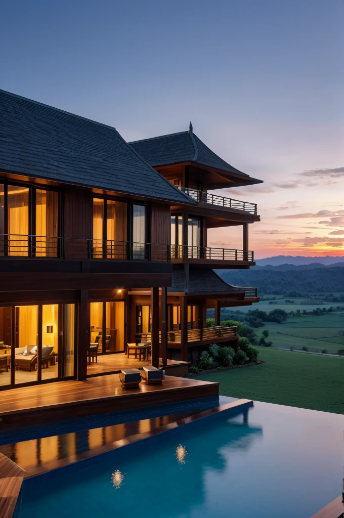 Resort with Zaha Hadid style hotel tower with wood and metal texture, hotel with infinity pool, a twilight with farm sunset in high quality, cattle farm, 8k UHD