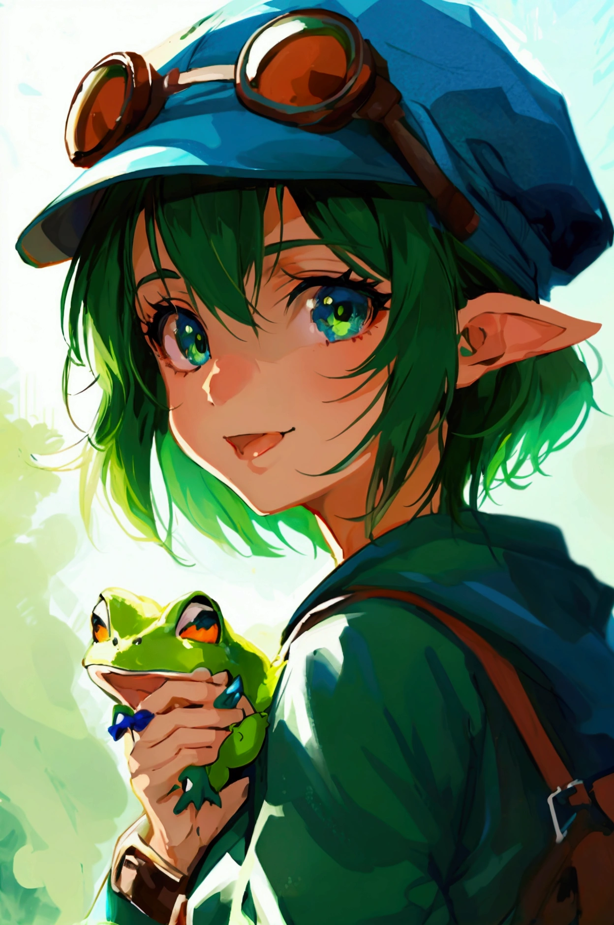 Anime girl with green eyes and a green hat making a peace sign., with a cute toad, makoto, cute anime face, female protagonist 👀 :8, anime style portrait, in an anime style, naughty anime girl, in anime style, cute anime face, anime moe art style, made with anime painter studio, Kajika Wataru, anime shading vector