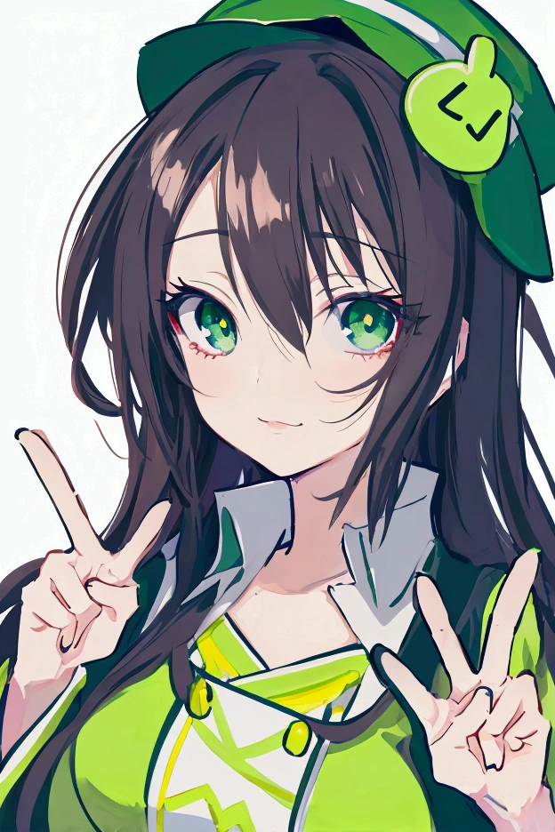 Anime girl with green eyes and a green hat making a peace sign., with a cute toad, makoto, cute anime face, female protagonist 👀 :8, anime style portrait, in an anime style, naughty anime girl, in anime style, cute anime face, anime moe art style, made with anime painter studio, Kajika Wataru, anime shading vector