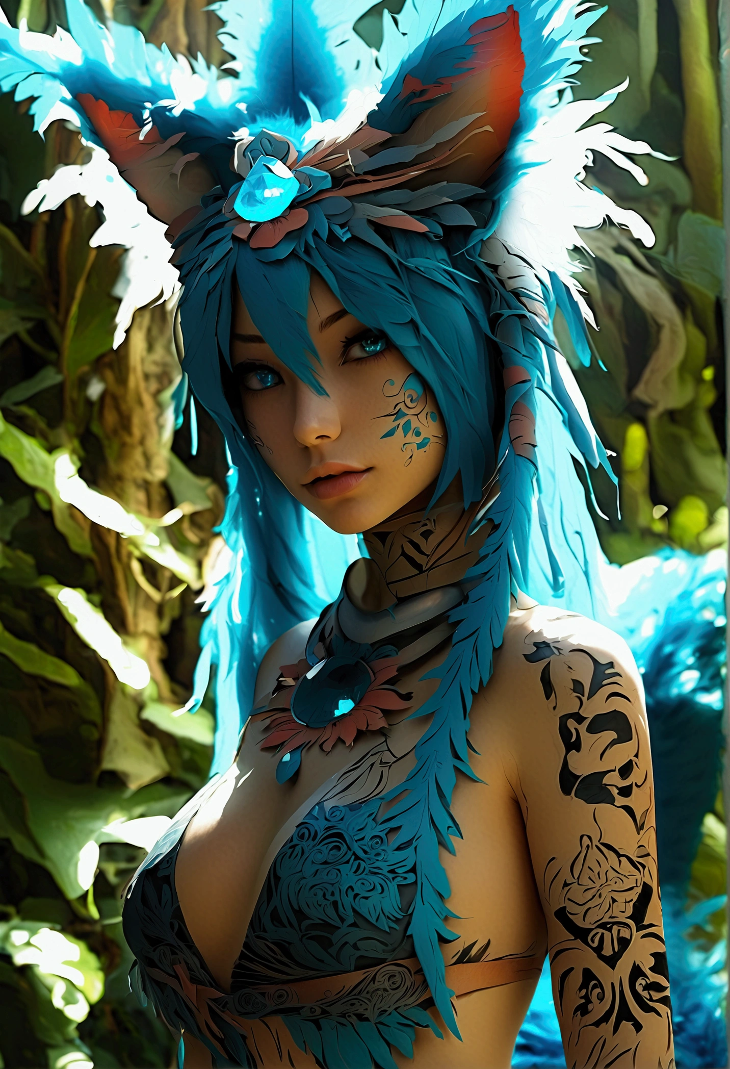Miku Hatsune, add high definition add_detail:1, blue fur,kitsune ears, tribal tattoo add_detail:1, in ruins in the jungle, barefoot, tribal costume add_details:1, giant aquamarine feather wings_detailsl:1 ,alas hermosas la mejor calidad y detail en las plumas, add blue saturation light_detailsl, sensual pose