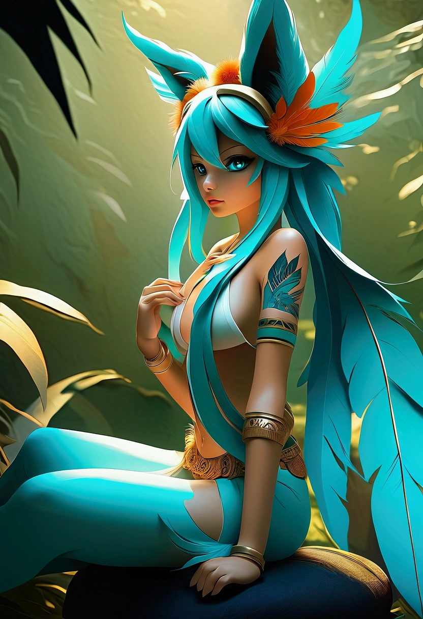 Miku Hatsune, add high definition add_detail:1, blue fur,kitsune ears, tribal tattoo add_detail:1, in ruins in the jungle, barefoot, tribal costume add_details:1, giant aquamarine feather wings_detailsl:1 ,alas hermosas la mejor calidad y detail en las plumas, add blue saturation light_detailsl, sensual pose