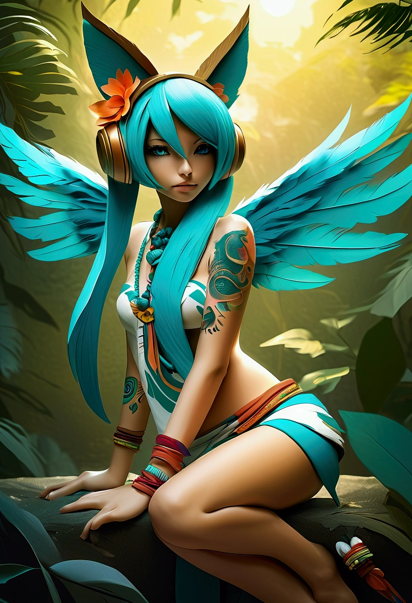 Miku Hatsune, add high definition add_detail:1, blue fur,kitsune ears, tribal tattoo add_detail:1, in ruins in the jungle, barefoot, tribal costume add_details:1, giant aquamarine feather wings_detailsl:1 ,alas hermosas la mejor calidad y detail en las plumas, add blue saturation light_detailsl, sensual pose