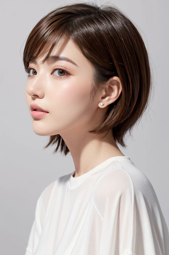 (Highest quality、Tabletop、8K、Best image quality、Award-winning works)、((profile:1.4))、ear、((short hair:1.46)),(Brown Hair)、(White casual clothes:1.2)、(The simplest pure white background:1.3)、(Perfectly fixed in front:1.1),(Portrait with Space:1.2)、Beautiful and exquisite、Perfect Makeup、Ultra-high definition beauty face、Ultra HD Hair、Ultra HD Shining Eyes、Super high quality glossy lip、Accurate anatomy、Very beautiful skin、(Pure white skin shining in ultra-high resolution:1.1)、(Very bright:1.2),Big Natural Color Lip、Lip gloss,Harajuku、cute、cute美人