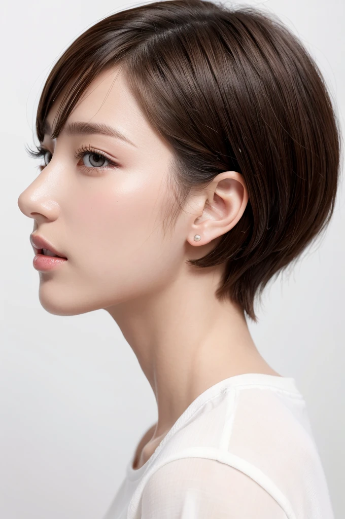(Highest quality、Tabletop、8K、Best image quality、Award-winning works)、((profile:1.4))、ear、((short hair:1.46)),(Brown Hair)、(White casual clothes:1.2)、(The simplest pure white background:1.3)、(Perfectly fixed in front:1.1),(Portrait with Space:1.2)、Beautiful and exquisite、Perfect Makeup、Ultra-high definition beauty face、Ultra HD Hair、Ultra HD Shining Eyes、Super high quality glossy lip、Accurate anatomy、Very beautiful skin、(Pure white skin shining in ultra-high resolution:1.1)、(Very bright:1.2),Big Natural Color Lip、Lip gloss,Harajuku、cute、cute美人