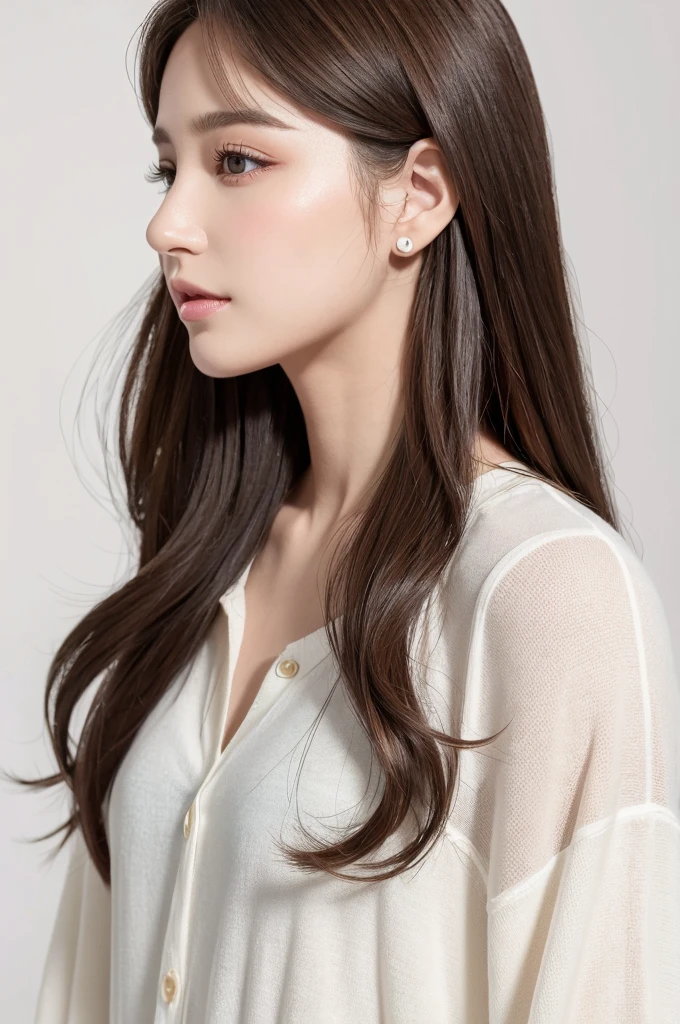 (Highest quality、Tabletop、8K、Best image quality、Award-winning works)、((profile:1.4))、ear、((Long Hair:1.46)),(Brown Hair)、(White casual clothes:1.2)、(The simplest pure white background:1.3)、(Perfectly fixed in front:1.1),(Portrait with Space:1.2)、Beautiful and exquisite、Perfect Makeup、Ultra-high definition beauty face、Ultra HD Hair、Ultra HD Shining Eyes、Super high quality glossy lip、Accurate anatomy、Very beautiful skin、(Pure white skin shining in ultra-high resolution:1.1)、(Very bright:1.2),Big Natural Color Lip、Lip gloss,Harajuku、cute、cute美人