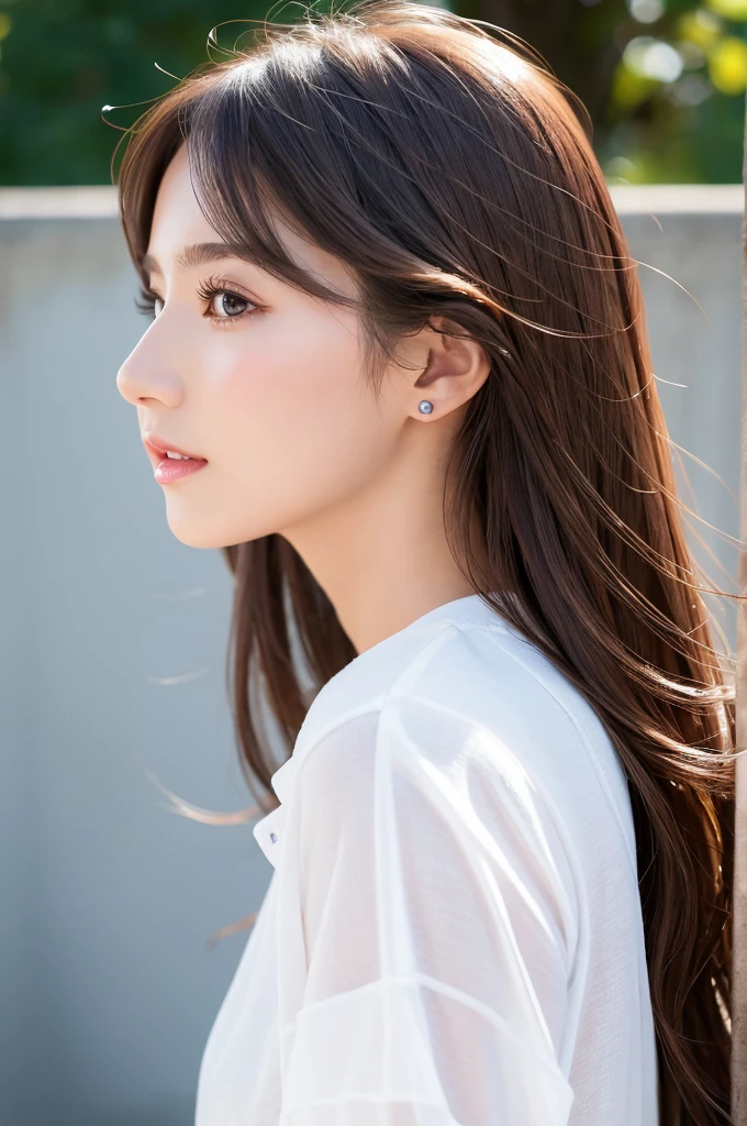 (Highest quality、Tabletop、8K、Best image quality、Award-winning works)、((profile:1.4))、ear、((Long Hair:1.46)),(Brown Hair)、(White casual clothes:1.2)、(The simplest pure white background:1.3)、(Perfectly fixed in front:1.1),(Portrait with Space:1.2)、Beautiful and exquisite、Perfect Makeup、Ultra-high definition beauty face、Ultra HD Hair、Ultra HD Shining Eyes、Super high quality glossy lip、Accurate anatomy、Very beautiful skin、(Pure white skin shining in ultra-high resolution:1.1)、(Very bright:1.2),Big Natural Color Lip、Lip gloss,Harajuku、cute、cute美人