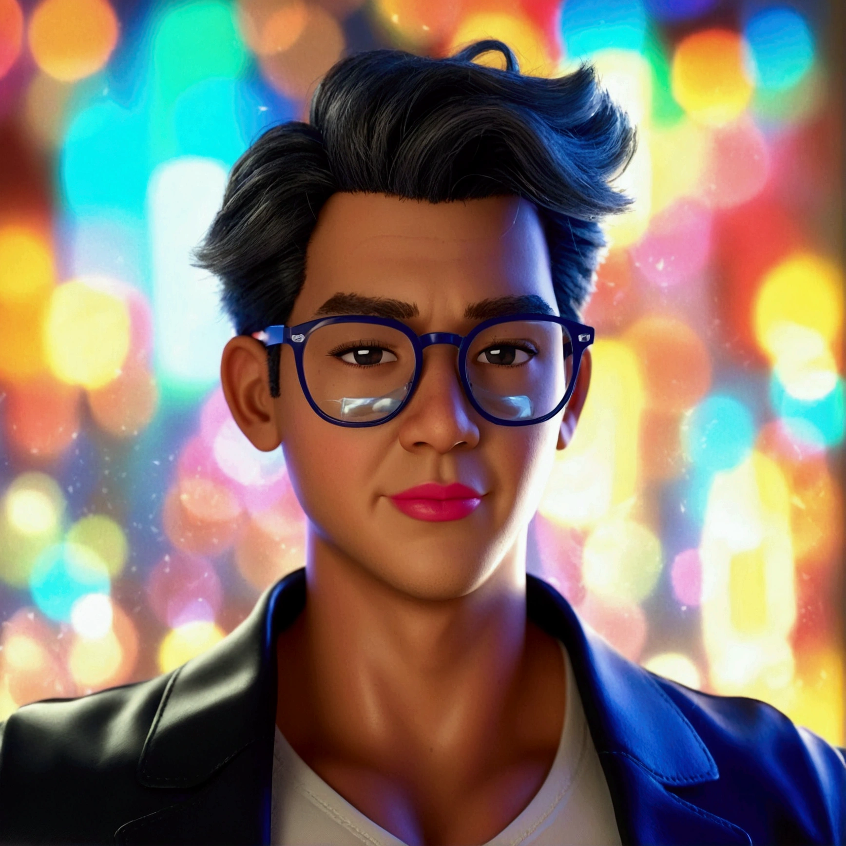 Cartoon character of a man in black glasses and blue shirt, an animated character, stylized character, animation style rendering, 3d stylized, Arnold Maya rendering, Stylized 3D rendering, toon render screenshot, 3d character, 3d character, Stylized 3D rendering, 3D character rendering, cartoon character, Personagem de close up, character posing, (Pixar-style) (master part:1.2) (bokeh) (best qualityer) (skin detailed) (detailed texture) (8K) (Argilla) (cinematic lighting) (sharp focus,Sit down and lift your upper body