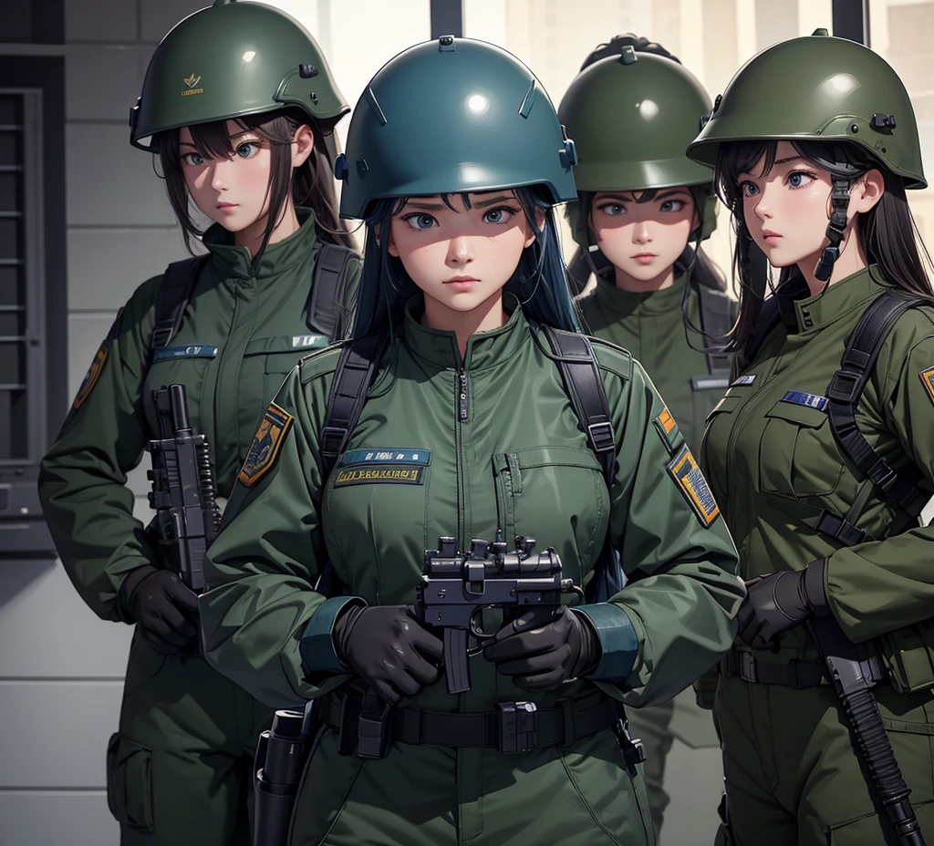 A group of female soldiers wearing all Deep blue-green military uniforms,Full helmet、Military Pants、Individual equipment set、Alert with guns,Write details、masterpiece、best quality、Highly detailed CG、8K picture quality