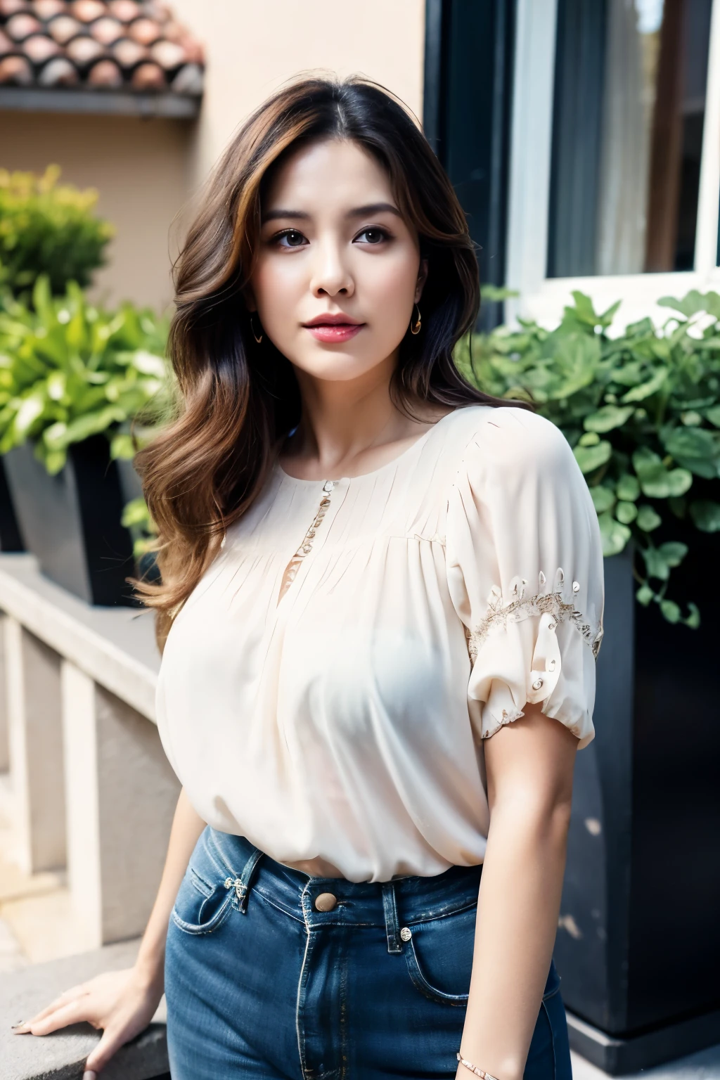 professional portrait photograph of a beautiful 35yo women with long hair(curvy body), gorgeous face, cute natural makeup, wearing blouse with flowers motif and black jeans, ((standing outside in balcony)), ultra realistic, concept art, elegant, highly detailed, intricate, sharp focus, hdr 4k, 8k