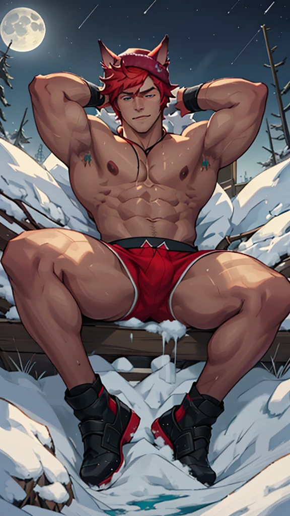 (Masterpiece, best quality),1 Boy, (Obscenity),childhood,side,Naked and lying in the snow,obscene expression,,Short round face,Flat chin,Smooth and detailed face,red panties,Have muscles,bright orange short hair,blue eyes,Open his eyes wide,complicated,full body,nakedness,Obscenity,Teal panties,กล้ามเนื้อabdomen,nighttime,moon,bright colors,(depth of field:1.2),(abdomen),looking at the audience,Lying down in the snow,spread their legs,open arms,Falling snowflakes,There were many diamond-shaped ice cubes on the ground.,cold temperature, Sett, The Boss (League of Legends), 比基尼, Big muscles, Broad shoulders, handsome, The skin is doused with oil., moon, stars, Santa's Hat, White and red underwear, Bikini style underwear, cat ears,