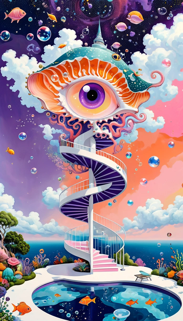 &quot;Dick Ellescas Artist Style&quot;,3D transparent conch-shaped swimming pool in the sky，沐浴的章fish，Platform、Starry Sky、cloud，fish、Tentacles、bird、Eye、Soap bubbles，diatom，Spiral Staircase，Stitching together an abstract painting，Sense of space，White Space，interesting，Innocence，Psychedelic Art，Pointillism method，Pink theme，Bold contrasts，Purple and Orange