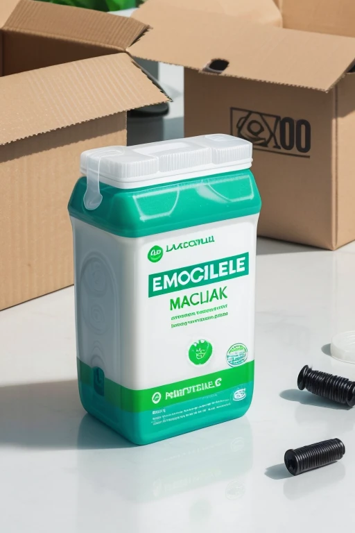 create a single rectangular packaging of biodegradable plastic milk closed on a table with a recyclable screw cap, with the brand logo “Lacto tech” with a stylized drop of milk and the slogan on the packaging “Embalagem 100% Biodegradavel”, with a green theme