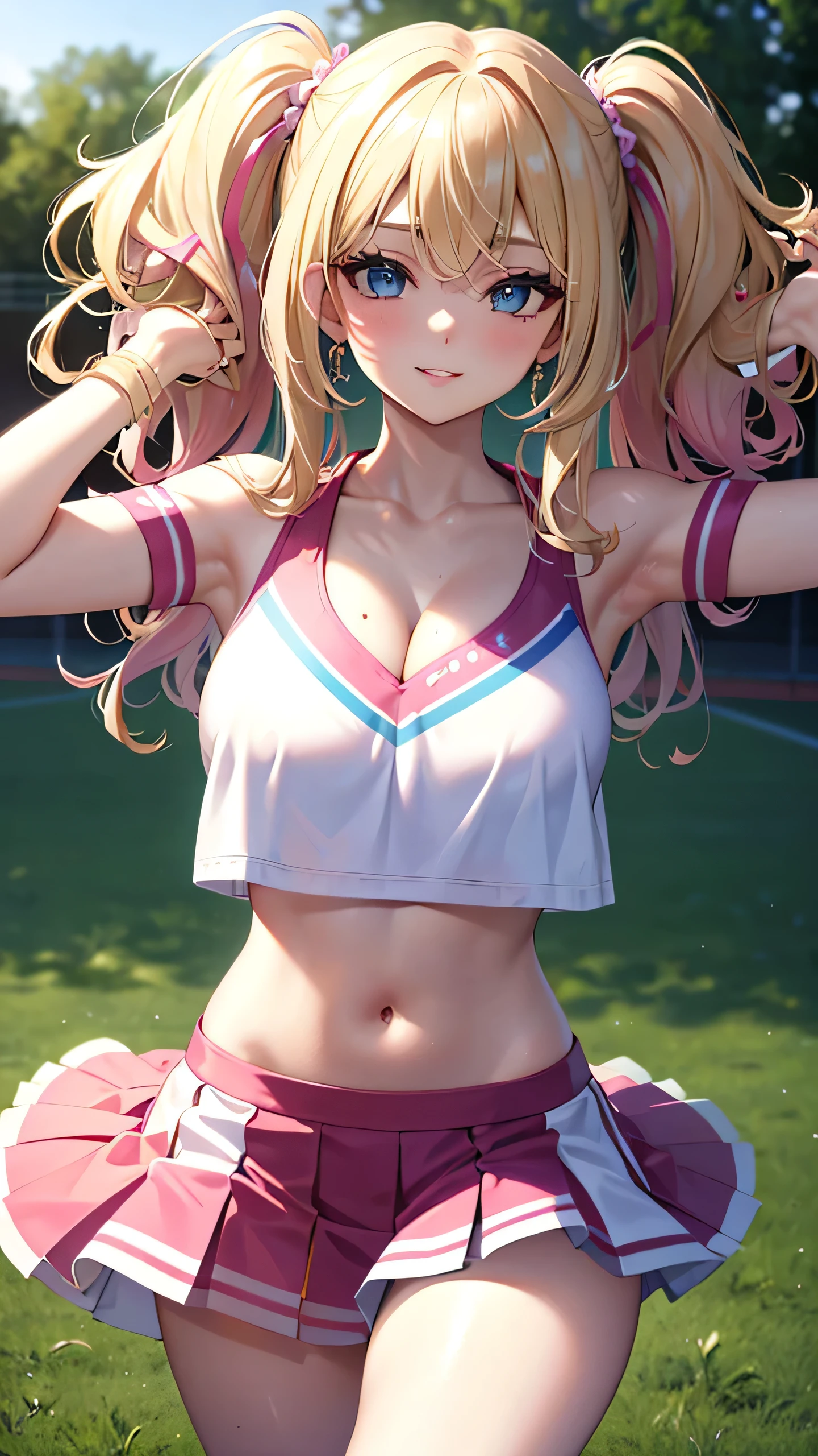 Highest Quality, masterpiece, beautifully detailed eyes, lightly curled Blonde Hair, Gradient Hair, pink highlights in hair, makeup, glossy lips, full lips, medium breasts, (cheerleader), cleavage, collarbone, midriff, (school field), smirk