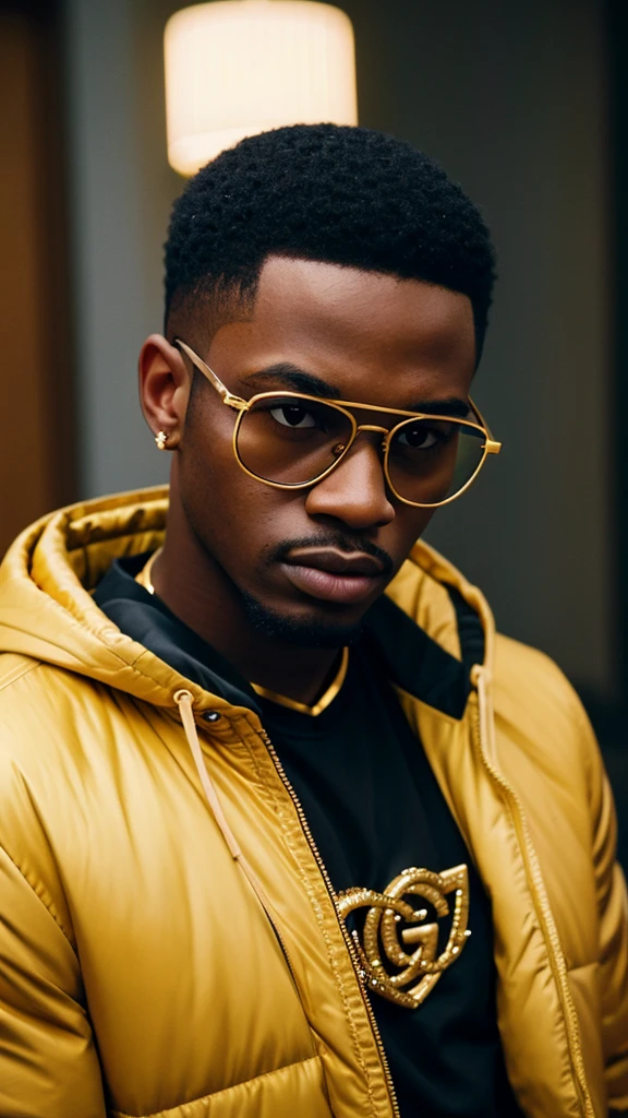 young black men wearing gucci with gold diamonds glasses , 4:3, photo 12k resolution hash flash lighting, shot on ALEXA 65, Velvia 100 , underexposed, Voigtlnder Nokton 50mm f1.1, in the style of Martin Nikon Z 8 with Zoom Lens | with 24-120mm