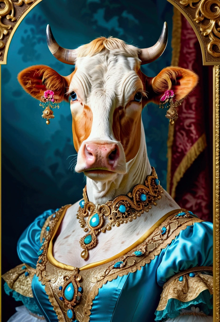a detailed and elegant Rococo-style oil portrait of a beautiful yellow cow with flowing, piercing blue eyes, delicate facial features, wearing an ornate pastel blue dress decorated with golden details, intricate lace patterns and floral embellishments, contrasted with a gold ornate baroque style -background framed with swirling patterns and textures, high quality, photorealistic, 4k, (best quality, 4k, 8k, high resolution, masterpiece: 1.2), ultra-detailed, (realistic, photorealistic, photorealistic: 1 ,37), HDR, UHD , Studio Lighting, Ultra-Fine Painting, Sharp Focus, Physically Based Rendering, Extreme Detail Description, Professional, Vivid Colors, Bokeh