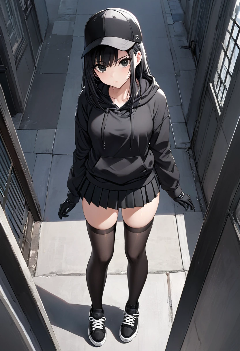 Black miniskirt , Black sneakers , Black hoodie , pleated skirt , whole body , thighs , black hair , black eyes , straight hair , black ball cap , long sleeves , stockings , View from above , Black gloves , standing posture