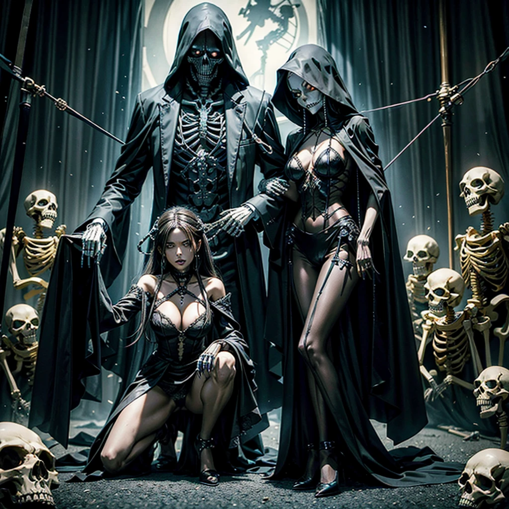 A grim reaper maneuvers a skeleton with strings like a marionette, behind the grim reaper an undead woman on her knees who extends her hand imploringly towards him