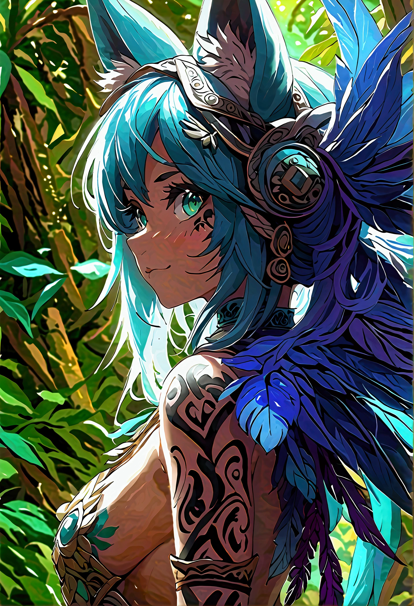 Miku Hatsune, add high definition add_detail:1, blue fur,kitsune ears, tribal tattoo add_detail:1, in ruins in the jungle, barefoot, tribal costume add_details:1, giant aquamarine feather wings_detailsl:1 ,alas hermosas la mejor calidad y detail en las plumas, add blue saturation light_detailsl, sensual pose, pupilas con gran detail, definition in each structure of the eye, iris color aqua add_detail:1