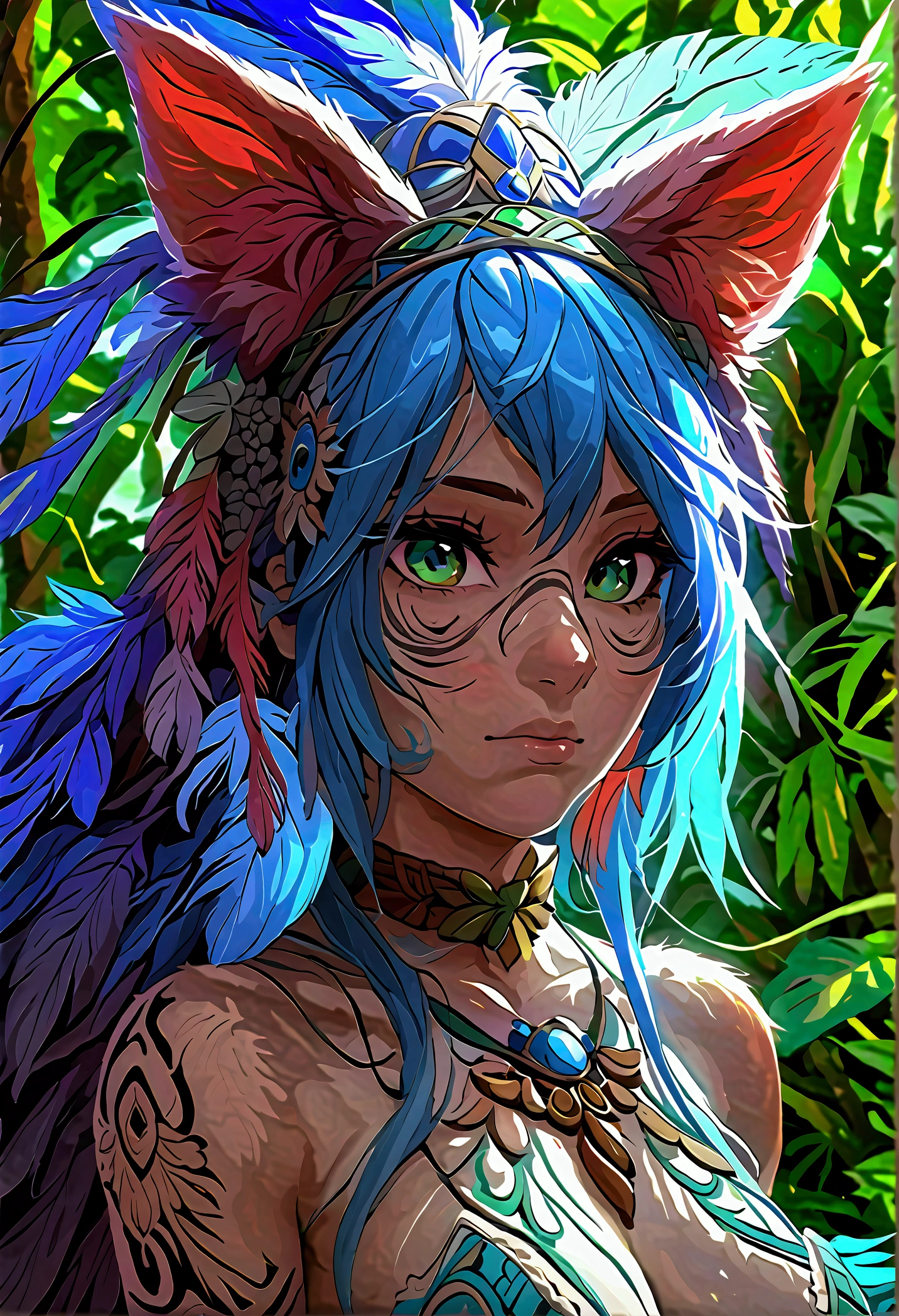 Miku Hatsune, add high definition add_detail:1, blue fur,kitsune ears, tribal tattoo add_detail:1, in ruins in the jungle, barefoot, tribal costume add_details:1, giant aquamarine feather wings_detailsl:1 ,alas hermosas la mejor calidad y detail en las plumas, add blue saturation light_detailsl, sensual pose, pupilas con gran detail, definition in each structure of the eye, iris color aqua add_detail:1