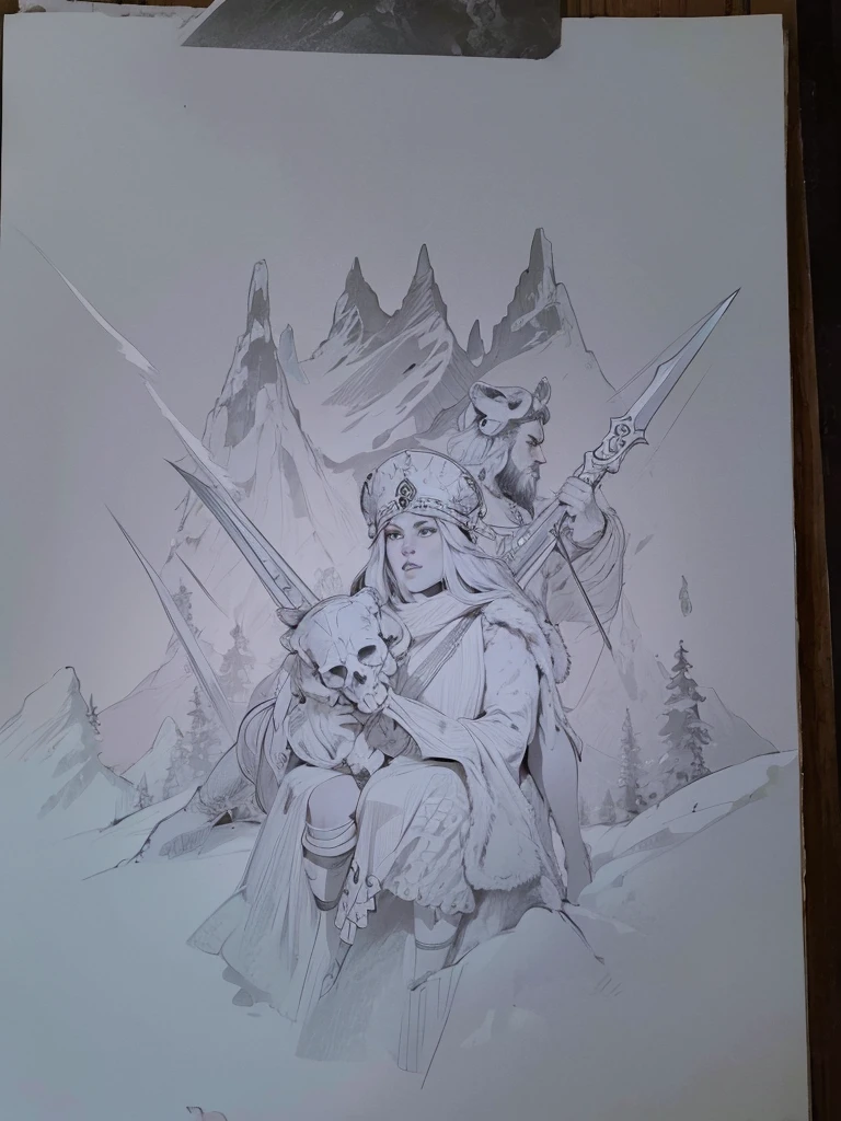 Black and white art, perfect features, a skull wearing a bear skin, two Viking spears on each side and beneath the moon, mountains and a forest at night ,image work of art precise black lines 