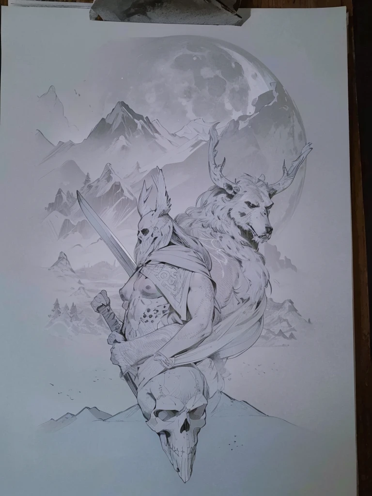 Black and white art, perfect features, a skull wearing a bear skin, two Viking spears on each side and beneath the moon, mountains and a forest at night ,image work of art precise black lines 