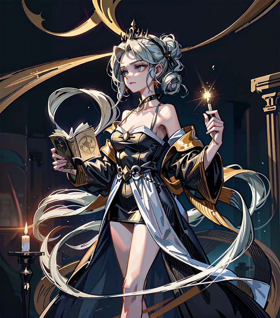 depicts a modern-day witch who has embraced the world of cybernetics to enhance her magical abilities. The artwork should convey the enchanting blend of traditional witchcraft and futuristic technology. Here are some specific elements to include: The Witch's Lair: The setting should be a cozy yet slightly eerie room, filled with magical books, crystal balls, potion ingredients, and antique furnishings. The room should be dimly lit by candles and a soft, mystical glow emanating from her cybernetic enhancements. The Cyborg Witch: The central focus of the artwork is the witch herself. She's a striking figure with a mix of traditional witch attire and cybernetic enhancements. Her clothing should have a witchy, occult aesthetic, with flowing robes, a pointed hat, and an intricate pentagram necklace. Her arms, however, have been upgraded with cybernetic components that incorporate magical symbols and glowing runes. Magical Interface: The witch is in the midst of casting a spell, with a holographic, touch-screen interface floating before her. This interface includes spell incantations, arcane symbols, and digital components, demonstrating her fusion of magic and technology. Spell Ingredients: On a nearby table, there should be a collection of spell ingredients, like herbs, potions, and magical artifacts. Some of these items may have been modified with cybernetic enhancements, blurring the line between the natural and the technological. Familiar: The witch's familiar, perhaps a cat or raven, should be present in the scene, serving as her magical companion. The familiar could also have subtle cybernetic enhancements or glowing eyes. Glowing Runes: The room should be adorned with ancient symbols and glowing runes on the walls and floor, contributing to the magical atmosphere. Aetherial Lighting: Use a combination of mystical, ethereal lighting and cybernetic glows to create a captivating interplay of light and shadow. The contrast between the tradit