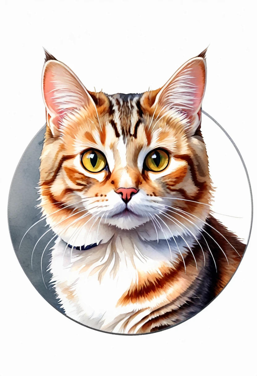 A circular logo featuring a Kurilian Bobtail cat, com title:"Kurilian", subtitle:"Bobtail", 3D watercolor style painting, American Shorthair cat, full picture, High contrast high resolution (photorrealistic:1.5), White background, sticker style, (raw photos, 8k hd,