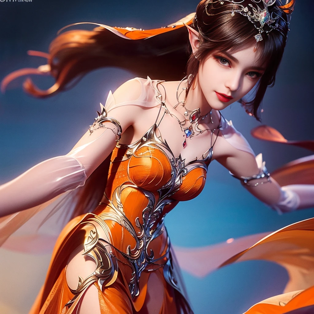 8k, masterpiece, a close up of a woman in a orange dress, perfect front body, bare thigh, ((very long hair)), a beautiful fantasy empress, ((orange fantasy dress:1.5)), beautiful fantasy maiden, fantasy art style, trending on cgstation, beautiful and elegant elf queen, beautiful maiden, shining skin, intricate ornate anime cgi style, ((a beautiful fantasy orange empress)), beautiful alluring Realistic woman, shining skin, in the park, sun shining, Realistic shadow, award winning pose,