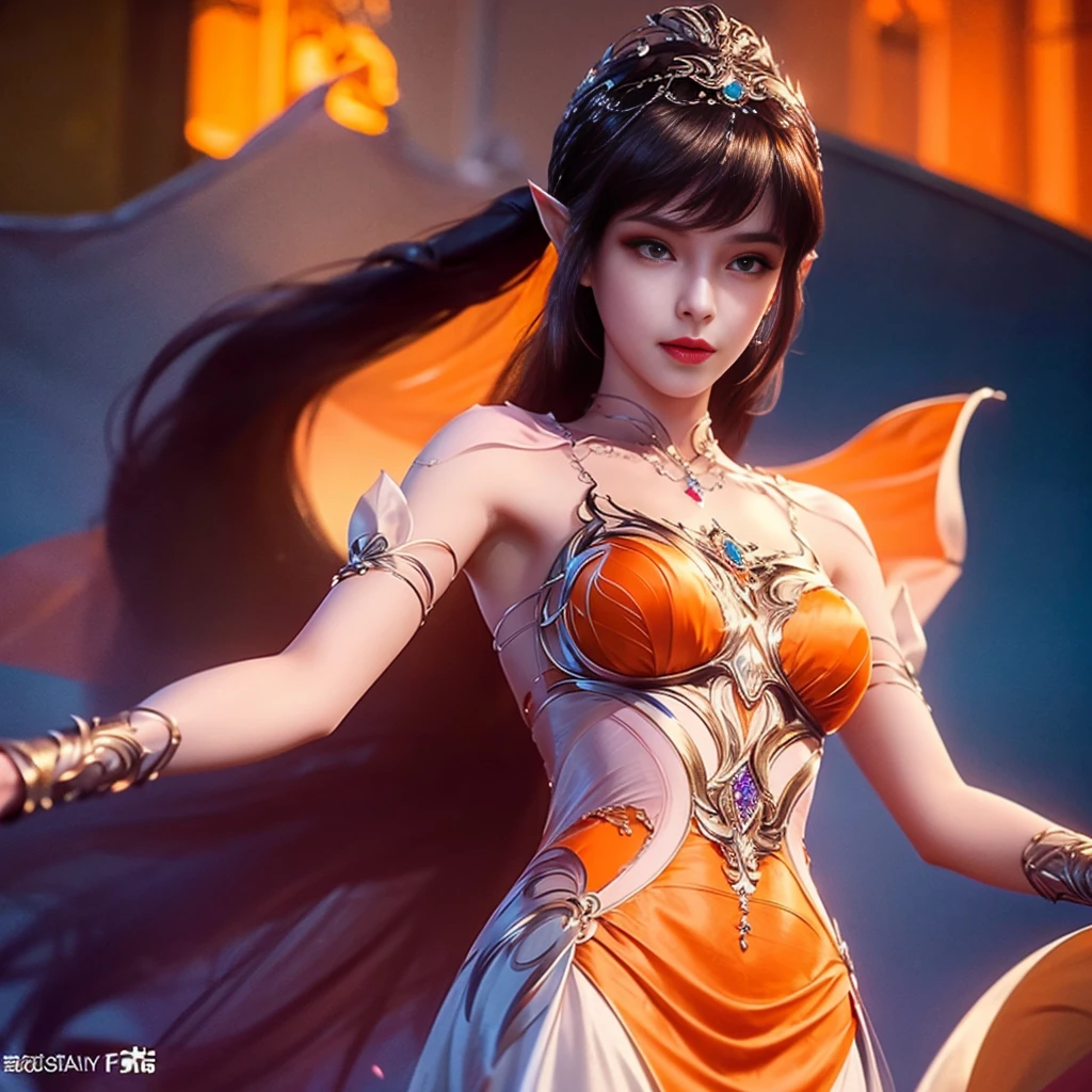 8k, masterpiece, a close up of a woman in a orange dress, perfect front body, bare thigh, ((very long hair)), a beautiful fantasy empress, ((orange fantasy dress:1.5)), beautiful fantasy maiden, fantasy art style, trending on cgstation, beautiful and elegant elf queen, beautiful maiden, shining skin, intricate ornate anime cgi style, ((a beautiful fantasy orange empress)), beautiful alluring Realistic woman, shining skin, in the park, sun shining, Realistic shadow, award winning pose,