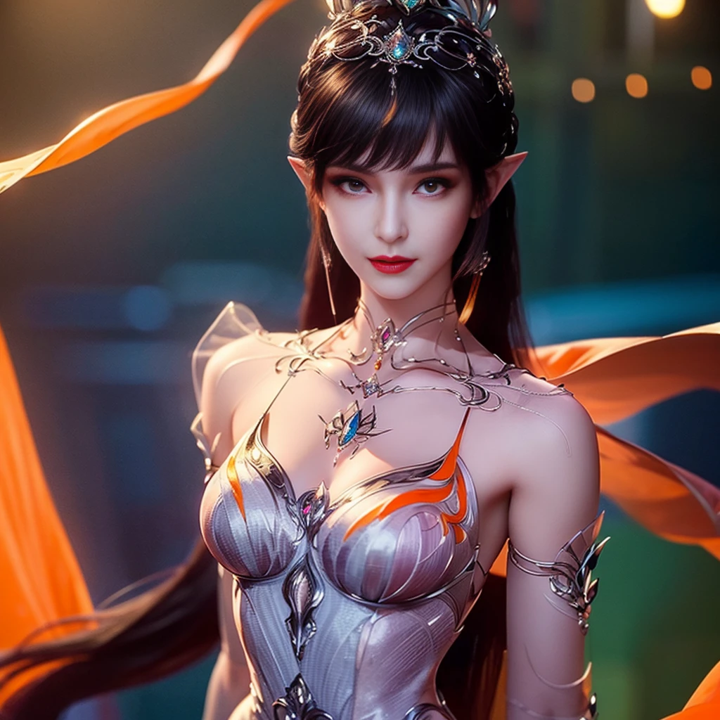 8k, masterpiece, a close up of a woman in a orange dress, perfect front body, bare thigh, ((very long hair)), a beautiful fantasy empress, ((orange fantasy dress:1.5)), beautiful fantasy maiden, fantasy art style, trending on cgstation, beautiful and elegant elf queen, beautiful maiden, shining skin, intricate ornate anime cgi style, ((a beautiful fantasy orange empress)), beautiful alluring Realistic woman, shining skin, in the park, sun shining, Realistic shadow, award winning pose,