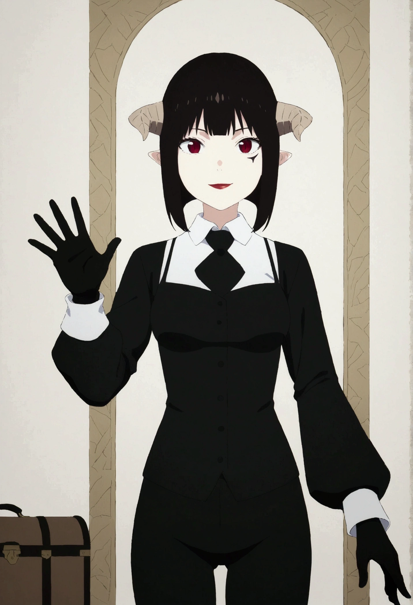 (work of art, ultra detali,high resolution,8K), 1 girl ,standing alone,hinterland,Look to viewer, TochaTortura, trunk,sheen,horns in hair,rabo de demon,ssmile,waving his hand,black gloves
