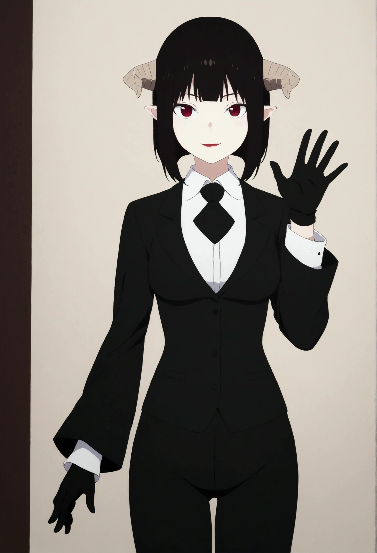 (work of art, ultra detali,high resolution,8K), 1 girl ,standing alone,hinterland,Look to viewer, TochaTortura, trunk,sheen,horns in hair,rabo de demon,ssmile,waving his hand,black gloves