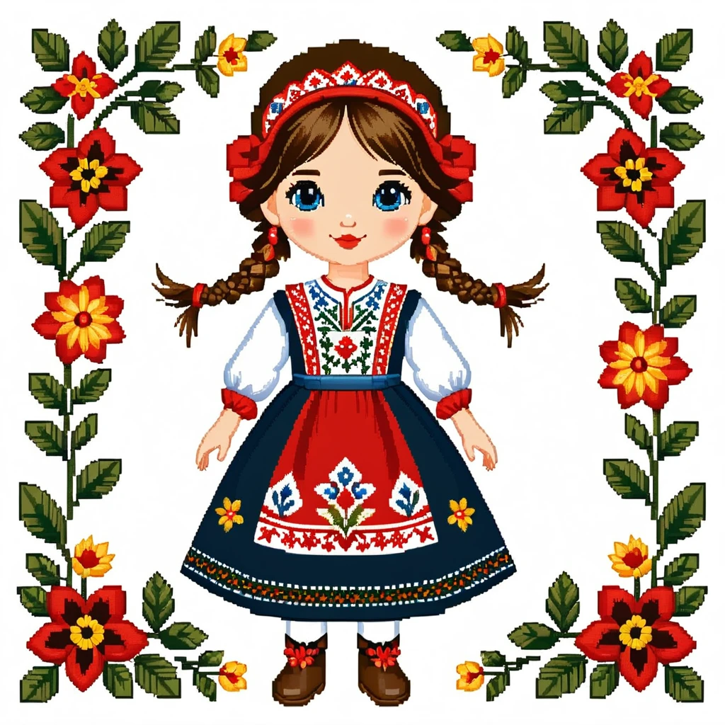 cross stitch pattern, girl in folk outfit