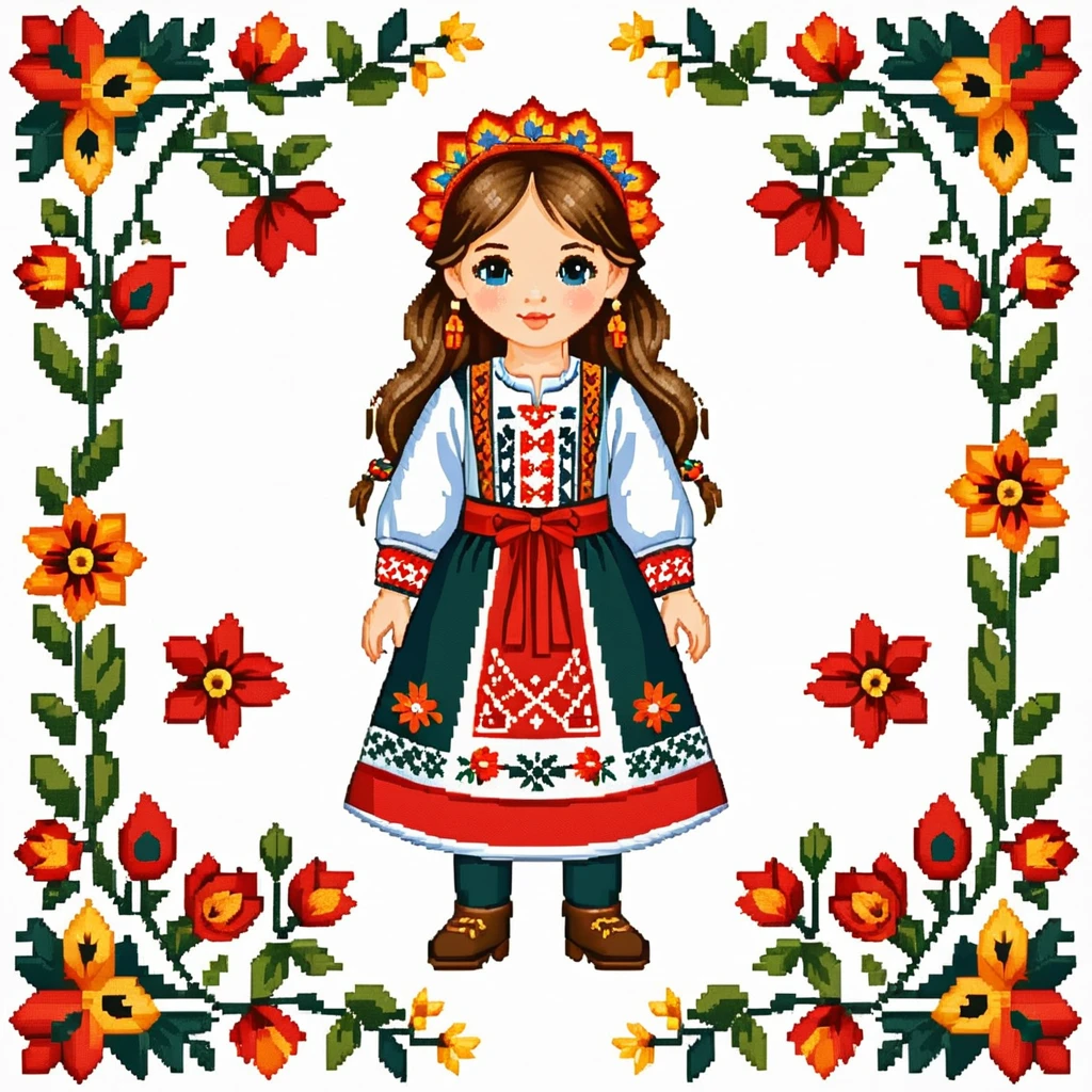 cross stitch pattern, girl in folk outfit