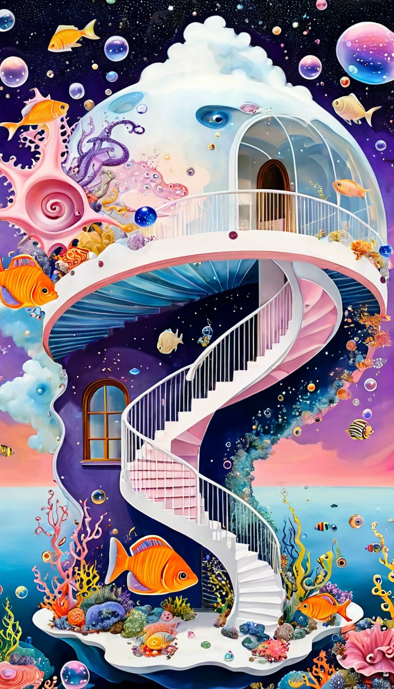 "Dick Ellescas Artist Style",3D transparent conch-shaped swimming pool in the sky,沐浴的章fish,Platform、Starry Sky、cloud,fish、Tentacles、bird、Eye、Soap bubbles,diatom,Spiral Staircase,Stitching together an abstract painting,Sense of space,White Space,interesting,Innocence,Psychedelic Art,Pink theme,Bold contrasts,Purple and Orange