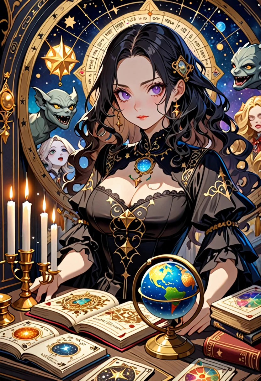 Highest quality, 16K, Unbelievably absurd, Very detailed, 2.5D, delicate and dynamic, , formal, Fortune Telling Hut, Gothic, candle, Astrology Books, Suspicious ornament, Star Chart, Thick book, Creepy Paintings, Gargoyle, A colorful celestial globe, Small face, Very delicate facial expressions, Delicate eye depiction, Upper body close-up, erotic, One sexy woman, Cool woman, black long wavy hair, Healthy body shape, 25-year-old woman, Cool woman, Height: 170cm, huge bouncing busts, astrologer, Horoscope, Tarot Cards, Suspicious look, A complex magician's outfit, Magician's outfit in chic colors, garter belt, Fishnet tights, Magician's Shoes, At the desk, Fortune telling,