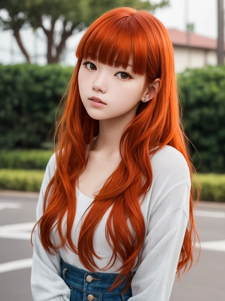 there is a woman with red hair 18 anos, with bangs, lalisa manobal, nua nude, perfect body full body she has red hair, with bangs completo, the hime cut, tender red skin, she has long orange hair, with red hair, frank lily, 🤤 portrait of , rs old