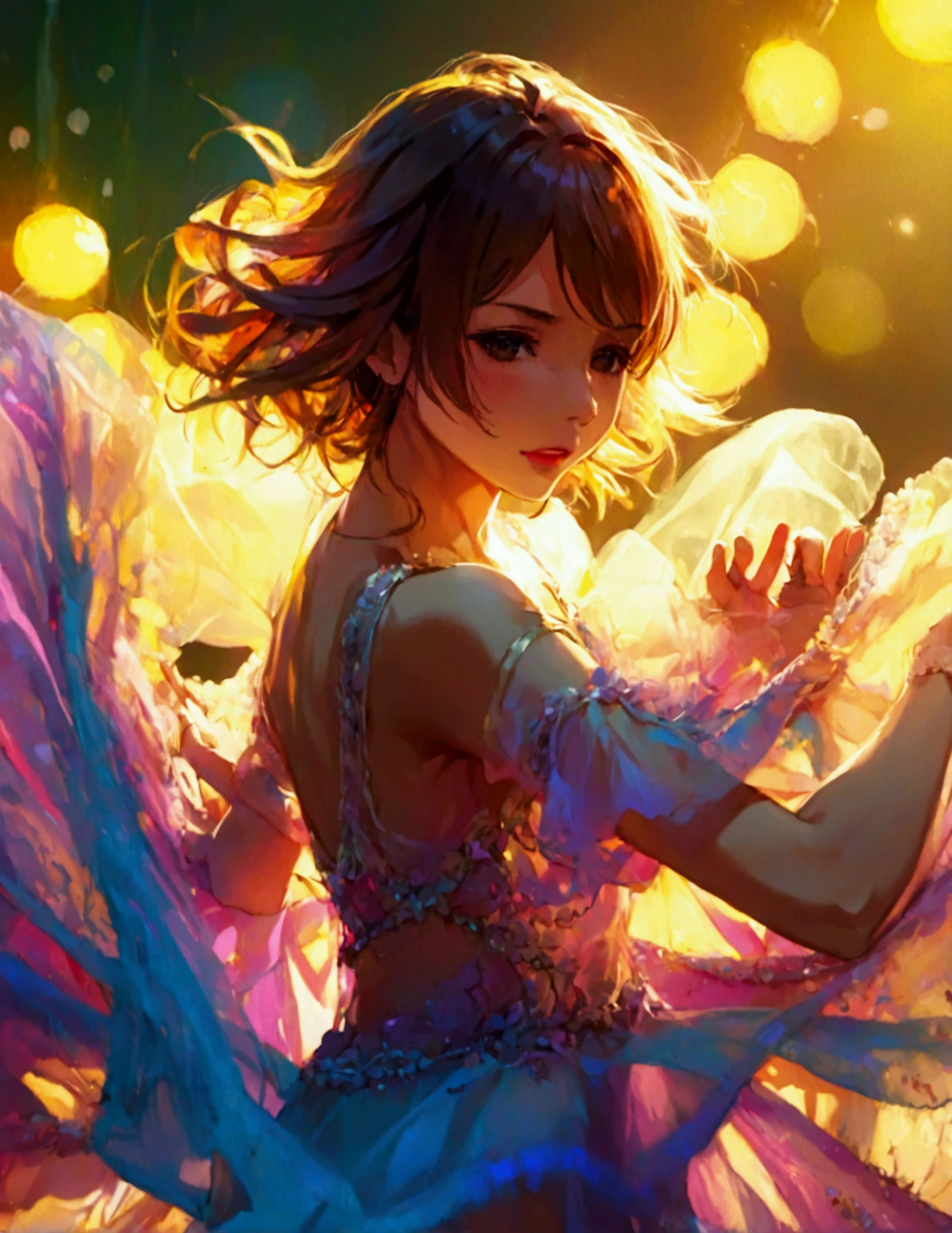 A cute woman is dancing in an airy, sheer, colorful, very mobile dress on a well lit stage. Lots of spinning. No underwear. On a well lit stage