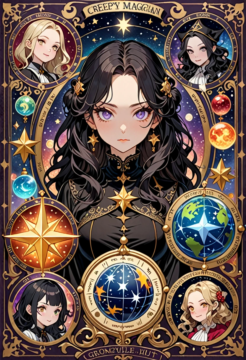 Highest quality, 16K, Unbelievably absurd, Very detailed, 2.5D, delicate and dynamic, , formal, Fortune Telling Hut, Gothic, candle, Astrology Books, Suspicious ornament, Star Chart, Thick book, Creepy Paintings, Gargoyle, A colorful celestial globe, Small face, Very delicate facial expressions, Delicate eye depiction, Upper body close-up, erotic, One sexy woman, Cool woman, black long wavy hair, Healthy body shape, 25-year-old woman, Cool woman, Height: 170cm, huge bouncing busts, astrologer, Horoscope, Tarot Cards, Suspicious look, A complex magician's outfit, Magician's outfit in chic colors, garter belt, Fishnet tights, Magician's Shoes, At the desk, Fortune telling,