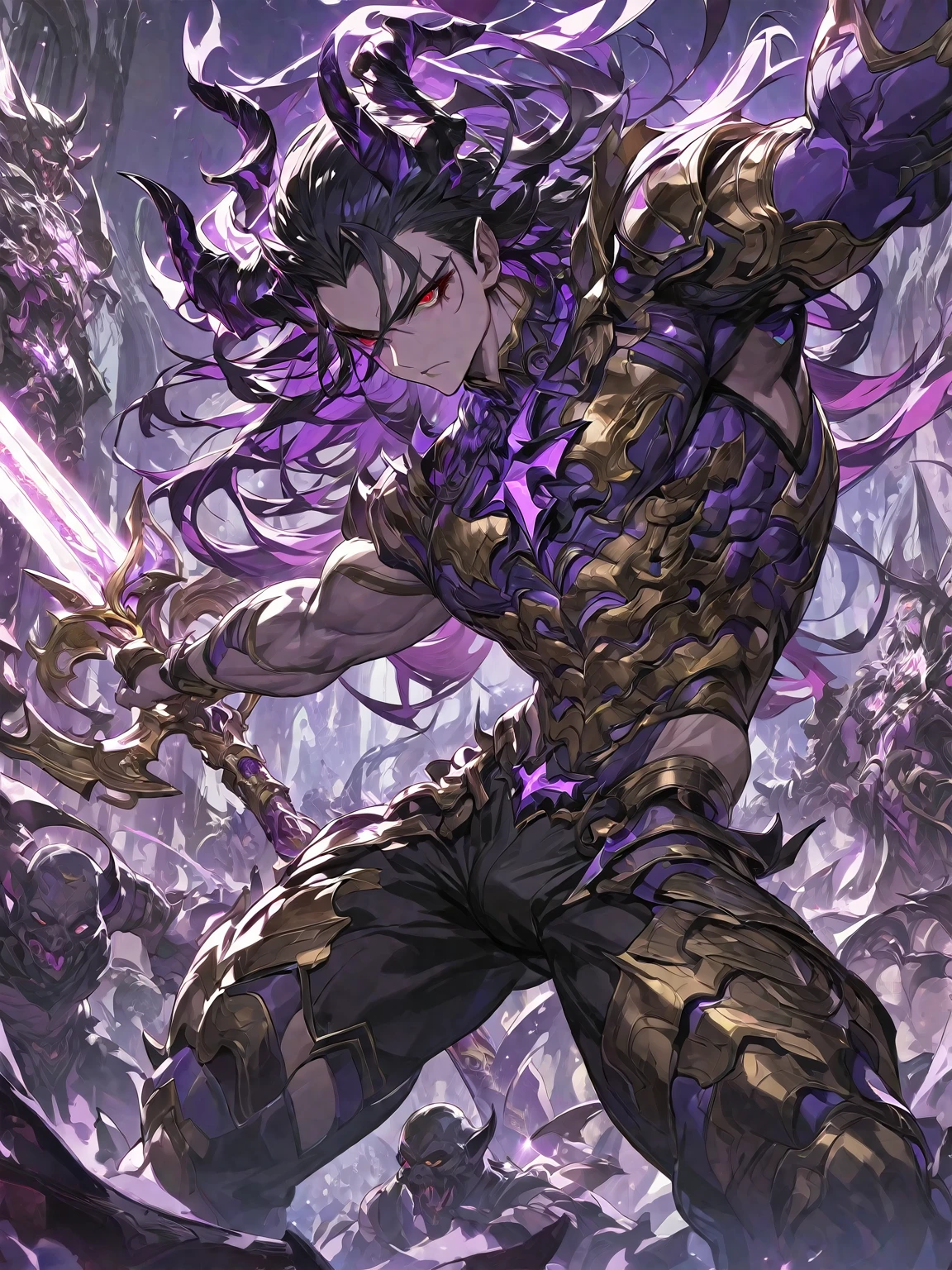 Best quality 8K resolution, Highly detailed, Digital Painting, Concept art, of the highest quality, One, beautiful, 1 man, adult man, with a sporty body, V-shaped body, he is in a fighting pose, He’s in dark complex large-child armor with sharp angular designs luminous purple accents emanating from the armor slots, black demonic horns, long hair, black hair, purple with red eye tones, a man has a huge and long sword in his hand, Against the background of 100 corpses