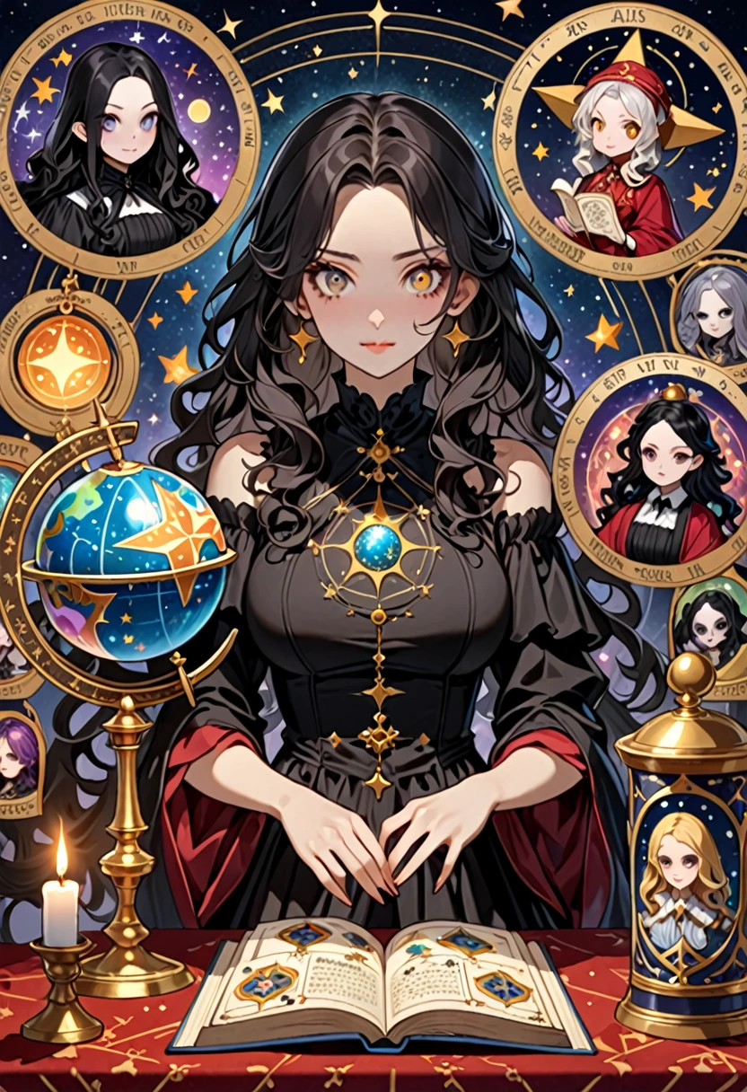 Highest quality, 16K, Unbelievably absurd, Very detailed, 2.5D, delicate and dynamic, , formal, Fortune Telling Hut, Gothic, candle, Astrology Books, Suspicious ornament, Star Chart, Thick book, Creepy Paintings, Gargoyle, A colorful celestial globe, Small face, Very delicate facial expressions, Delicate eye depiction, Upper body close-up, erotic, One sexy woman, Cool woman, black long wavy hair, Healthy body shape, 25-year-old woman, Cool woman, Height: 170cm, huge bouncing busts, astrologer, Horoscope, Tarot Cards, Suspicious look, A complex magician's outfit, Magician's outfit in chic colors, garter belt, Fishnet tights, Magician's Shoes, At the desk, Fortune telling,