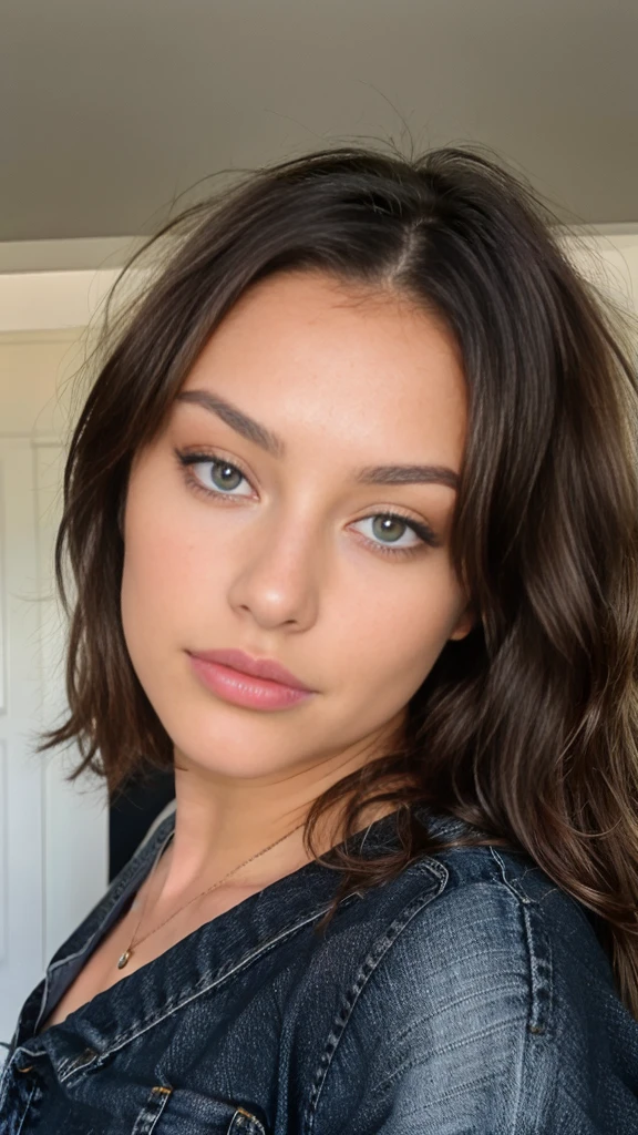 Jolie belle brune en jean (black har) (qui mange), Low cut, very detailed, 18 ans, Visage innocent, naturally wavy hair, yeux verts, high resolution, head of'ouvrages d'art, best quality, intricate details, very detailed, mise au point nette, detailed skin, texture de peau realistic, texture, detailed eyes, professionnel, 4K, charming smile, prise avec Canon, 85 millimeters, slight depth of field, Kodak Vision Color, corps parfaitement ajusté, extremely detailed, Photograph_\(ultra\), photographiquerealistic, realistic, Post-traitement, Maximum details, roughness, real life, ultrarealistic, photorealism, photographie, 8k uh, photographie